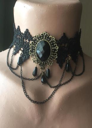 Чокер ожерелье черный большой кружевной с черными бусинами с цепочками