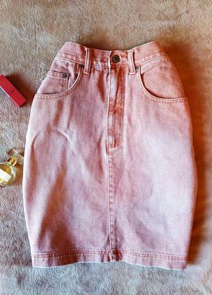 Джинсовая юбка миди пыльно розового цвета высокая талия1 фото