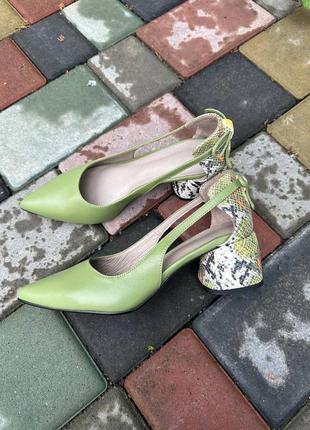 Шкіряні туфлі човники зелені оливкові + змія багато кольорів