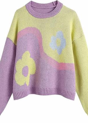 Різнокольоровий обʼємний светр оверсайз  з квітами