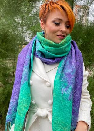 Дизайнерский зелено-фиолетовый шарф «лаванда»7 фото