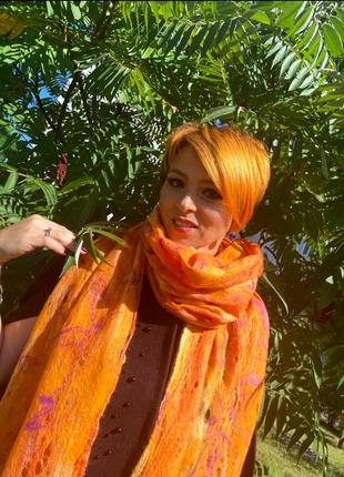Оранжевый длинный шарф паутинка из шерсти «закат»3 фото
