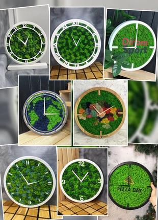Дерев'яний годинник зі стабілізованим мохом.  годинник із логотипом. от 20см