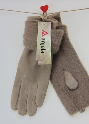 Перчатки женские сенсорные 2в1 велюровые с накидным верхом осень-зима травка размер s-м бежевый2 фото
