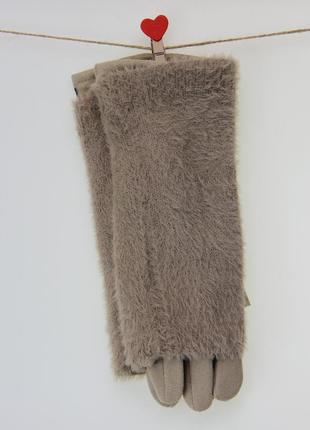 Перчатки женские сенсорные 2в1 велюровые с накидным верхом осень-зима травка размер s-м бежевый4 фото