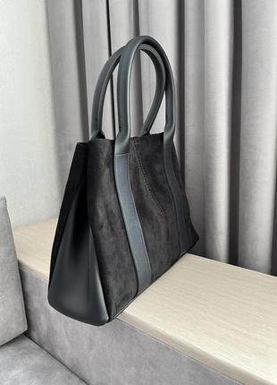 Містка чорна жіноча сумка ковш зі штучної замші3 фото