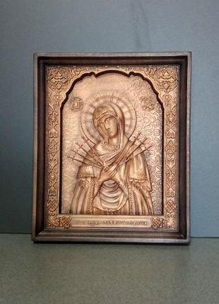 Семистрільна ікона божої матері дерев'яна різьблена розмір 12.5 х 15 см. код/артикул 142 516
