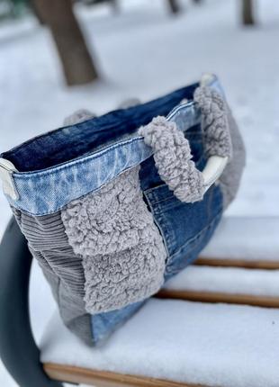 Зимова сумка-тедді в техніці upcycling jeanse5 фото