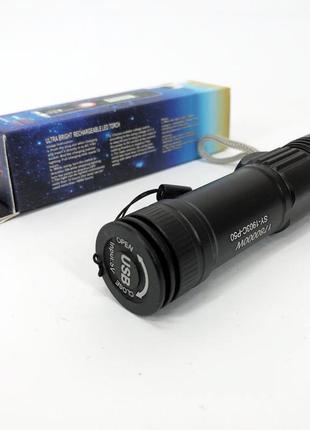 Кишеньковий ліхтар із usb зарядкою sy-1903c-p50+smd+rgb alarm / ліхтарик світлодіодний для туриста / потужний акумуляторний dg-4928 фото