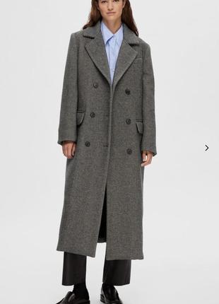 Довге пальто, сіре пальто, двобортне шерстяне пальто від бренду selected