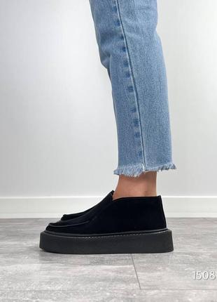 Чорні жіночі високі лофери туфлі мокасини на високій підошві потовщеній з натуральної замші4 фото