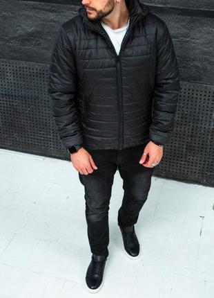 Чоловіча демісезонна куртка чорна стьобана з капюшоном s-xl6 фото