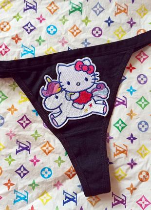 Трусики стринги хлопок черные hello kitty хелло китти1 фото