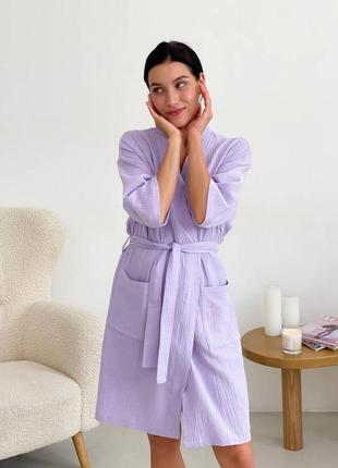Жіночий мусліновий подарунковий комплект cosy халат+сорочка лаванда в упаковці `gr`