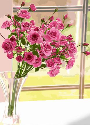 Картина за номерами strateg преміум букет рожевих троянд з лаком та з рівнем розміром 40х50 см (gs1354)