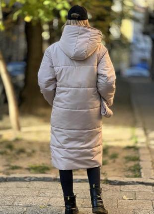 Теплое длинное пальто со вставкой для живота для беременных, бежевое5 фото