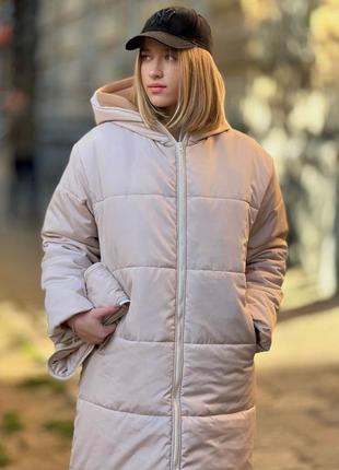 Теплое длинное пальто со вставкой для живота для беременных, бежевое3 фото