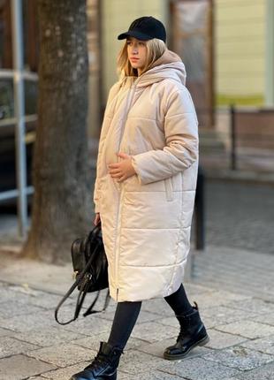 Теплое длинное пальто со вставкой для живота для беременных, бежевое1 фото