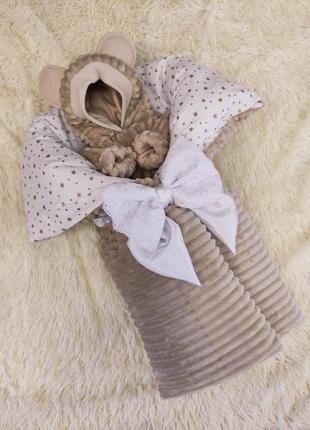 Зимний плюшевый комплект для новорожденных конверт одеяло + комбинезон, капучино