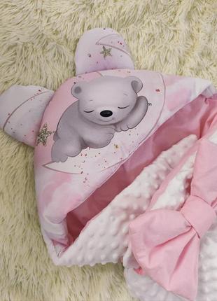 Демисезонный плюшевый конверт + комбинезон для новорожденных девочек, принт белый медвежонок3 фото