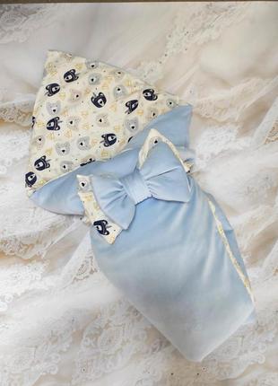 Зимний конверт одеяло для новорожденных, велюровый на хлопковой подкладке, голубой