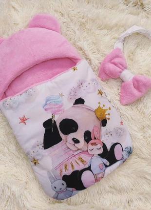 Спальник для новонароджених дівчаток, "панда" рожевий, махра + плащівка2 фото
