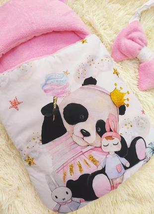 Спальник для новонароджених дівчаток, "панда" рожевий, махра + плащівка3 фото