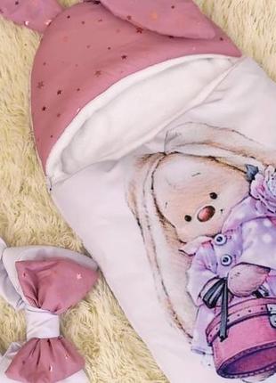 Конверт спальник з плащової тканини з глітером для новонароджених, рожевий з білим2 фото
