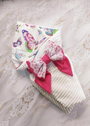 Демисезонный плюшевый конверт одеяло для новорожденных, белый с принтом бабочки