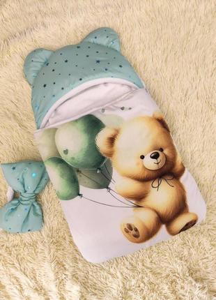 Конверт спальник для новорожденных, ментоловый, принт медвежонок с шариками