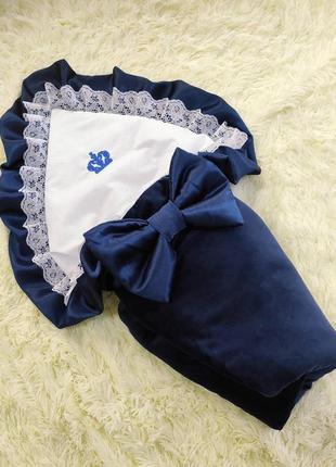 Демисезонный велюровый конверт одеяло для новорожденных, темно - синий