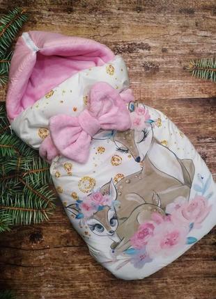 Спальник з капюшоном на блискавці для новонароджених дівчаток, принт оленята