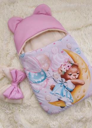 Конверт спальник для новорожденных девочек, розовый с принтом мишутка