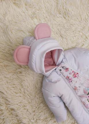 Зимний комплект для новорожденных девочек спальник + комбинезон принт - зайчик, белый с розовым4 фото