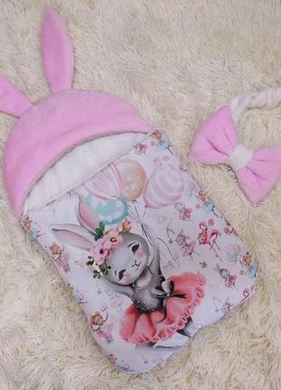 Зимний комплект для новорожденных девочек спальник + комбинезон принт - зайчик, белый с розовым2 фото
