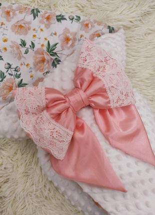Теплый плюшевый конверт - одеяло для новорожденных девочек на выписку, белый с розовым2 фото