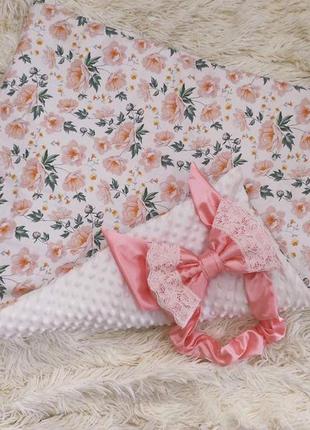 Теплый плюшевый конверт - одеяло для новорожденных девочек на выписку, белый с розовым4 фото