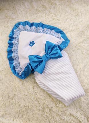 Летний плюшевый конверт для новорожденных, белый + синий1 фото