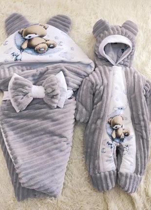 Зимний комплект для новорожденных малышей, серый, принт медвежонок
