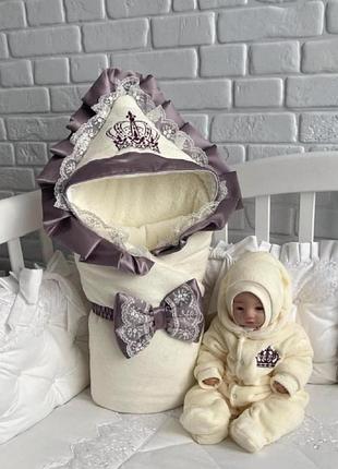 Зимний комплект очарование конверт и комбинезон с шапочкой для новорожденных, молочный + сливовый