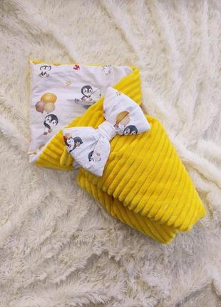 Демисезонный плюшевый конверт одеяло, желтый с принтом пингвины