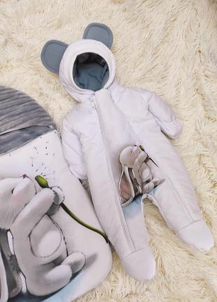 Зимовий комплект для новонароджених дітей спальник + комбінезон білий, принт зайчик, 56-62 розмір5 фото