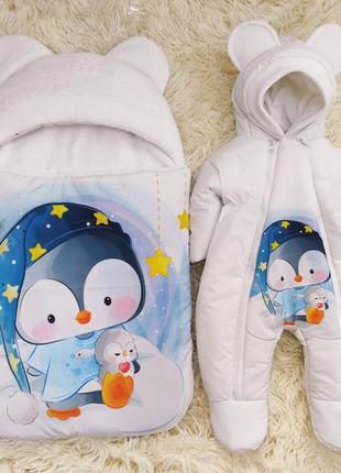 Верхняя одежда для новорожденных мальчиков спальник + комбинезон, принт пингвин
