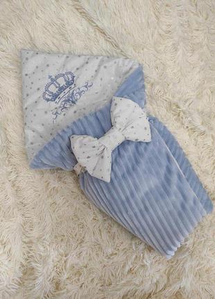 Демисезонный плюшевый конверт одеяло для новорожденных, голубой с вышивкой