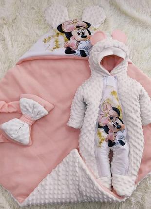 Демисезонный комплект одежды для новорожденных, принт минни, молочный6 фото