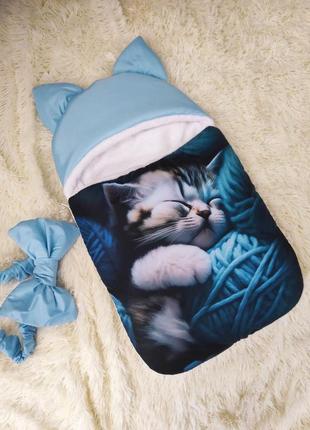 Конверт спальник для новонароджених хлопчиків, синій принт кошеня