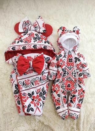 Комплект одежды с принтом вышиванка для новорожденных девочек на выписку