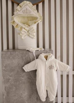 Зимний комплект очарование конверт и комбинезон с шапочкой для новорожденных, молочный