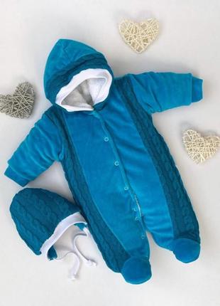 Теплый комплект одежды "змейка" для новорожденных на выписку, лазурный3 фото