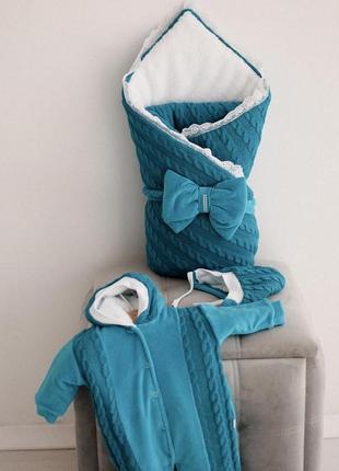 Теплый комплект одежды "змейка" для новорожденных на выписку, лазурный4 фото